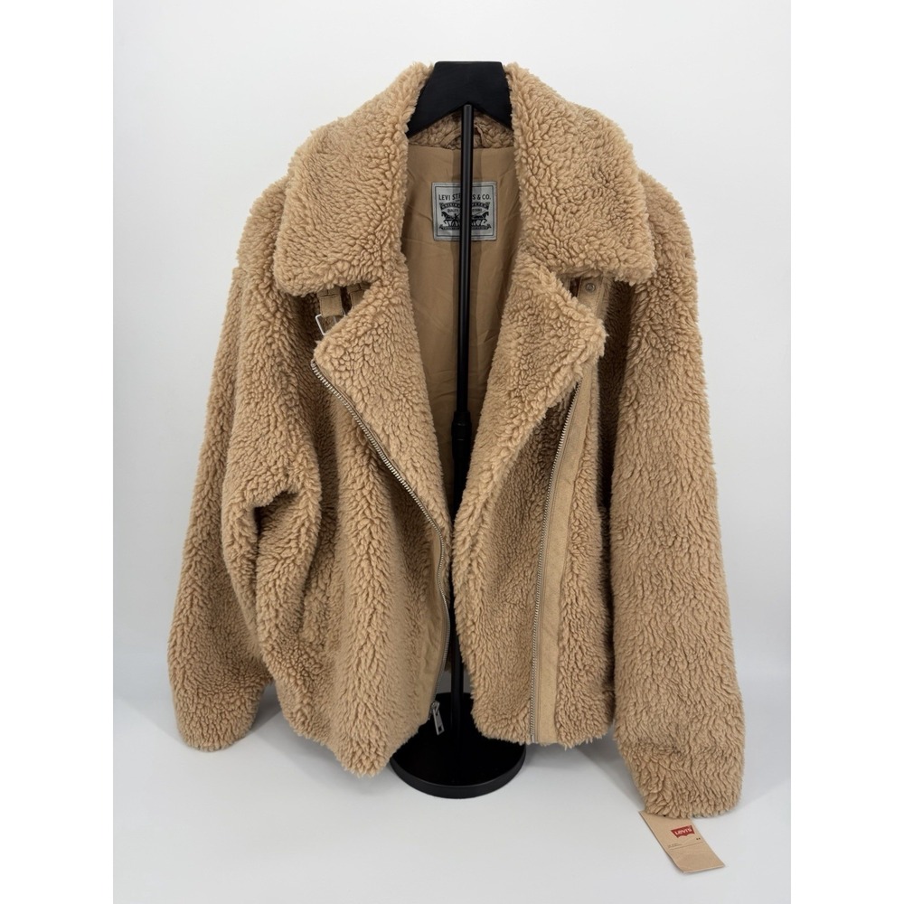 Levis Womens Faux Fur Sherpa Moto Jacket Camel Tan Teddy Biker Coat Size XL NEW